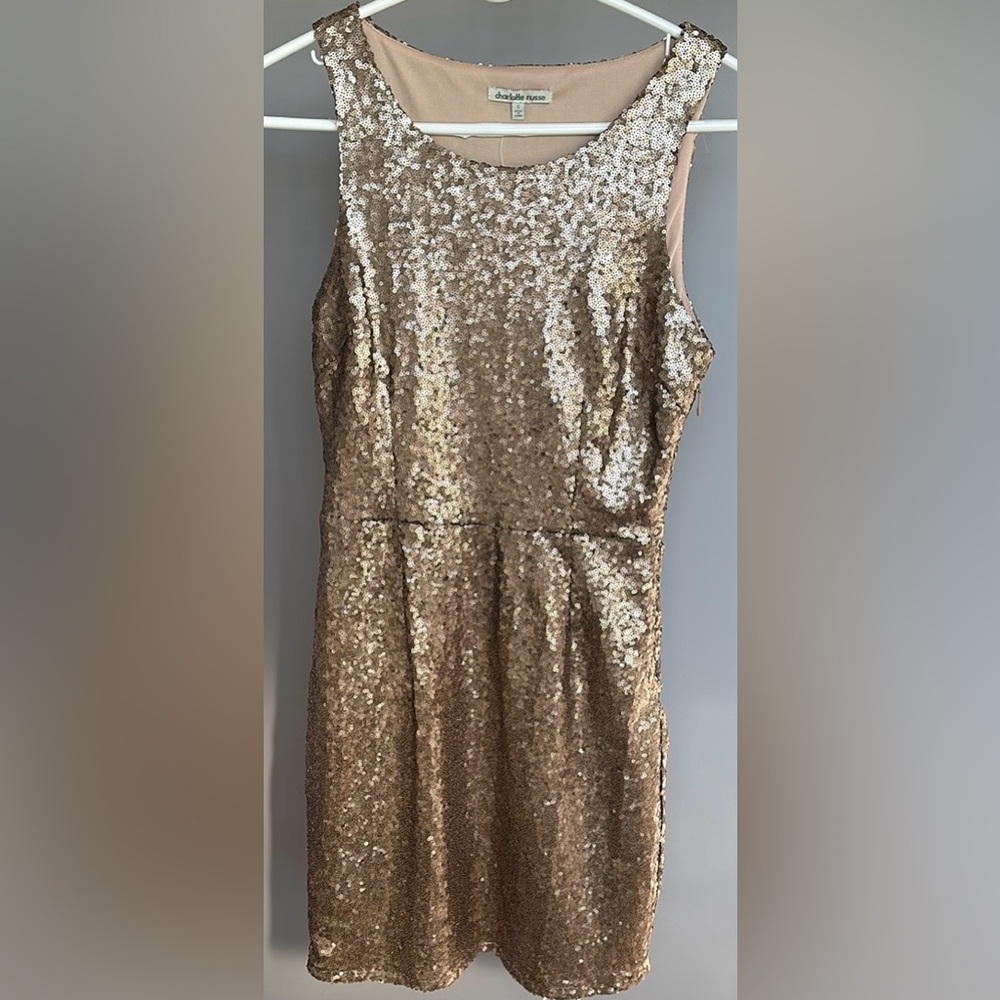 CHARLOTTE RUSSE size SMALL, gold sequined, sleeveless, mini dress.